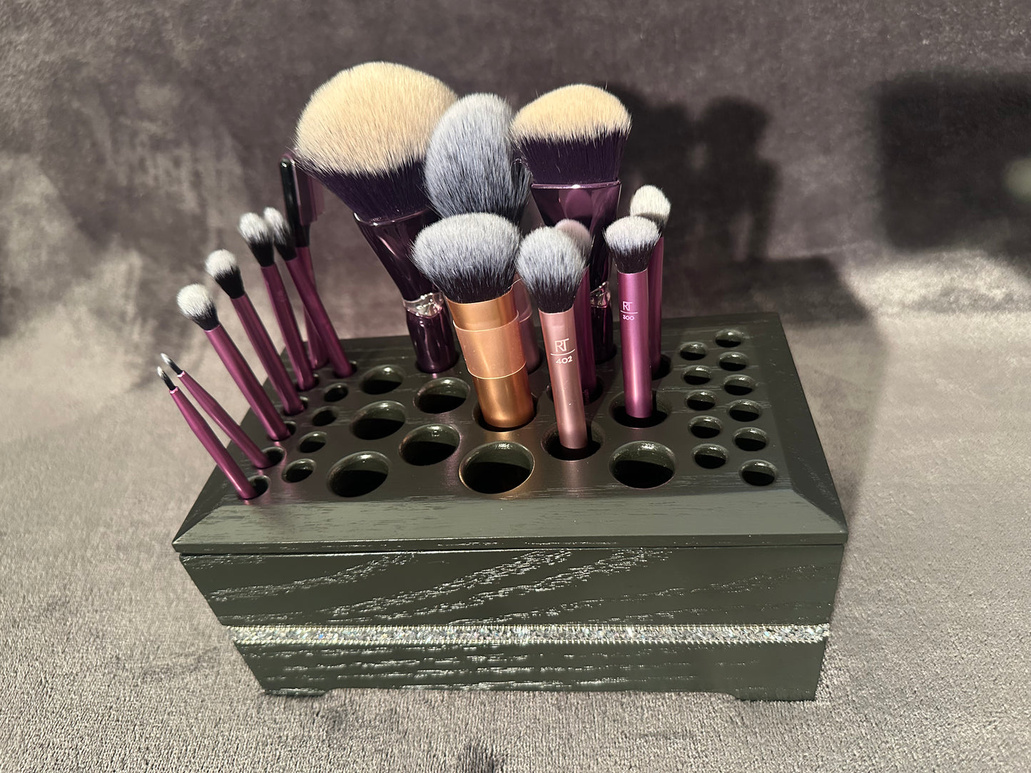 Satin Black Makeup Brush Holder with Sparkle Band Inlay, Makeup Brush Storage, Artist Brush Holder, Red Oak Makeup Brush Organizer