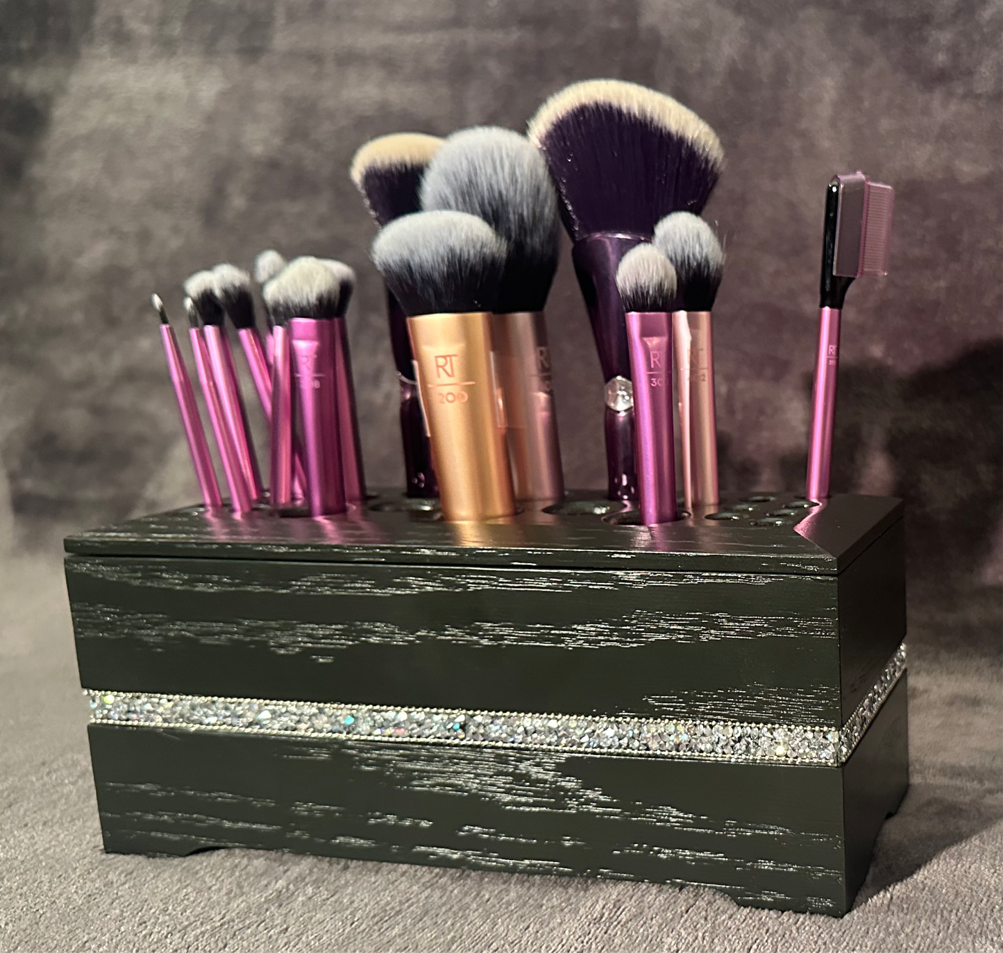 Satin Black Makeup Brush Holder with Sparkle Band Inlay, Makeup Brush Storage, Artist Brush Holder, Red Oak Makeup Brush Organizer