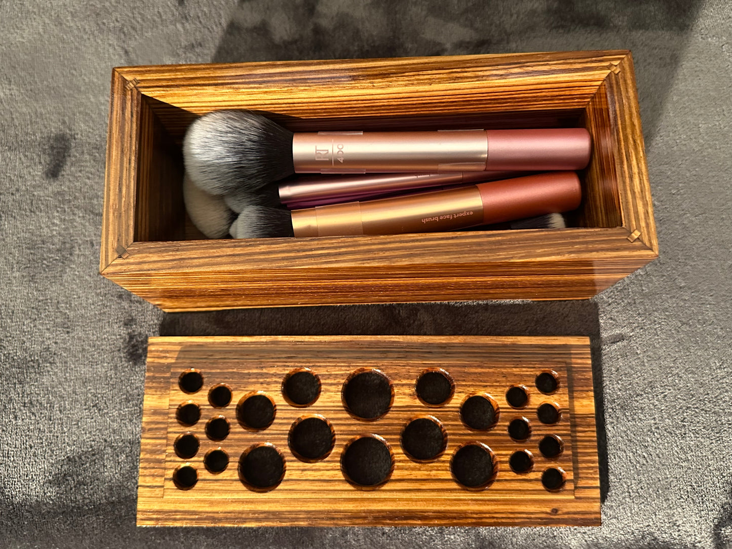 Zebrawood Makeup Brush Holder, Exotic Wooden box with Lid, Makeup Brush Organizer, Makeup Brush Holder for Vanity