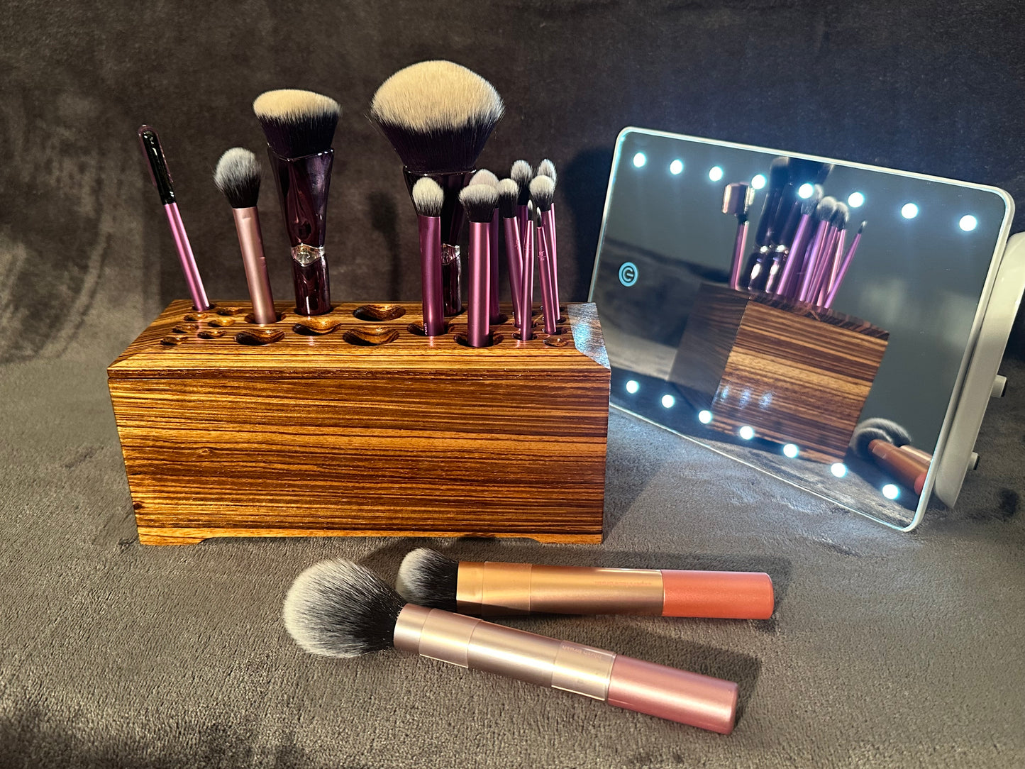Zebrawood Makeup Brush Holder, Exotic Wooden box with Lid, Makeup Brush Organizer, Makeup Brush Holder for Vanity