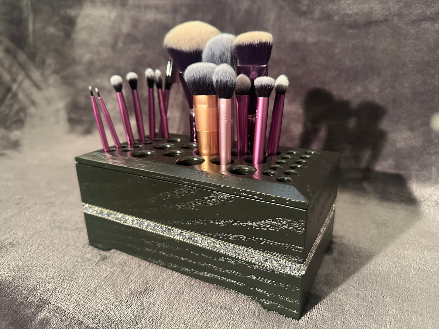 Satin Black Makeup Brush Holder with Sparkle Band Inlay, Makeup Brush Storage, Artist Brush Holder, Red Oak Makeup Brush Organizer