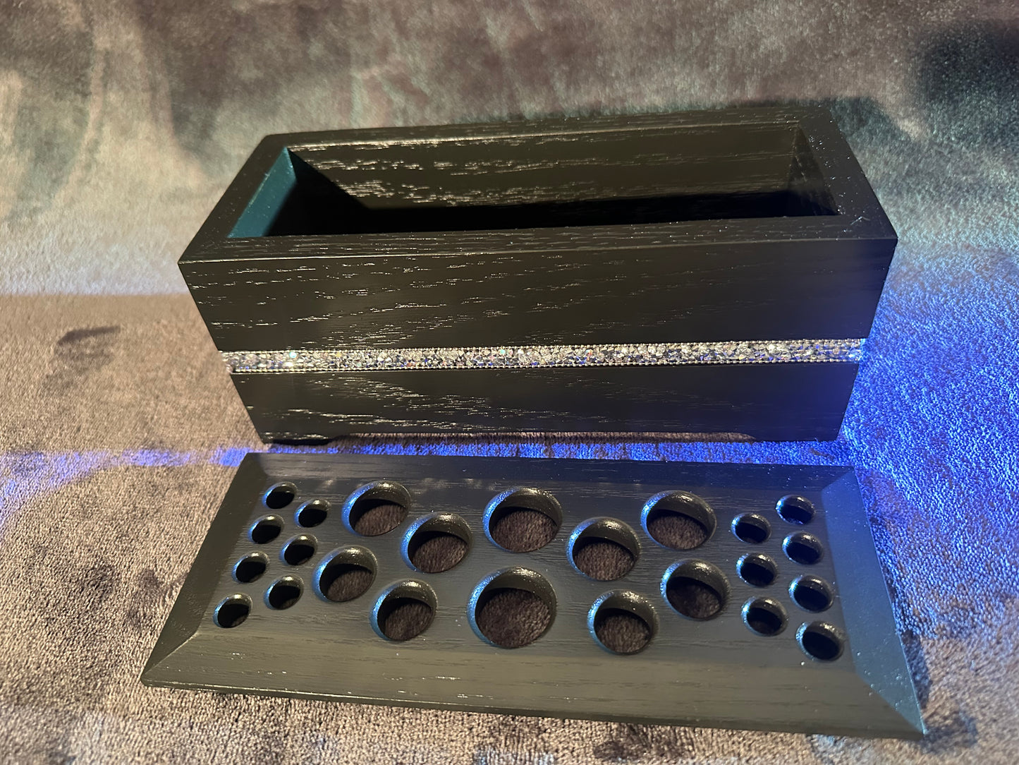 Satin Black Makeup Brush Holder with Sparkle Band Inlay, Makeup Brush Storage, Artist Brush Holder, Red Oak Makeup Brush Organizer