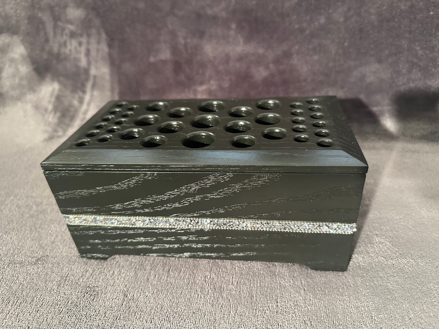 Satin Black Makeup Brush Holder with Sparkle Band Inlay, Makeup Brush Storage, Artist Brush Holder, Red Oak Makeup Brush Organizer