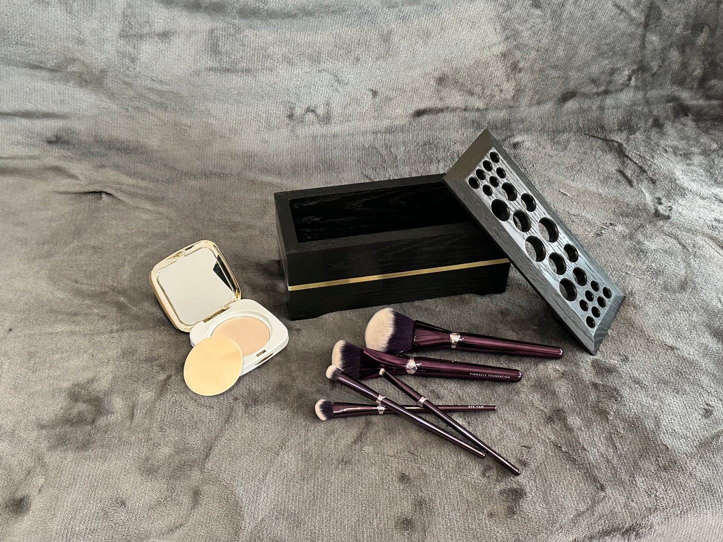 Satin black Red Oak hardwood makeup brush holder with brass inlay, Artist Brush Organizer, Makeup Brush Organizer, Wooden Brush Holder