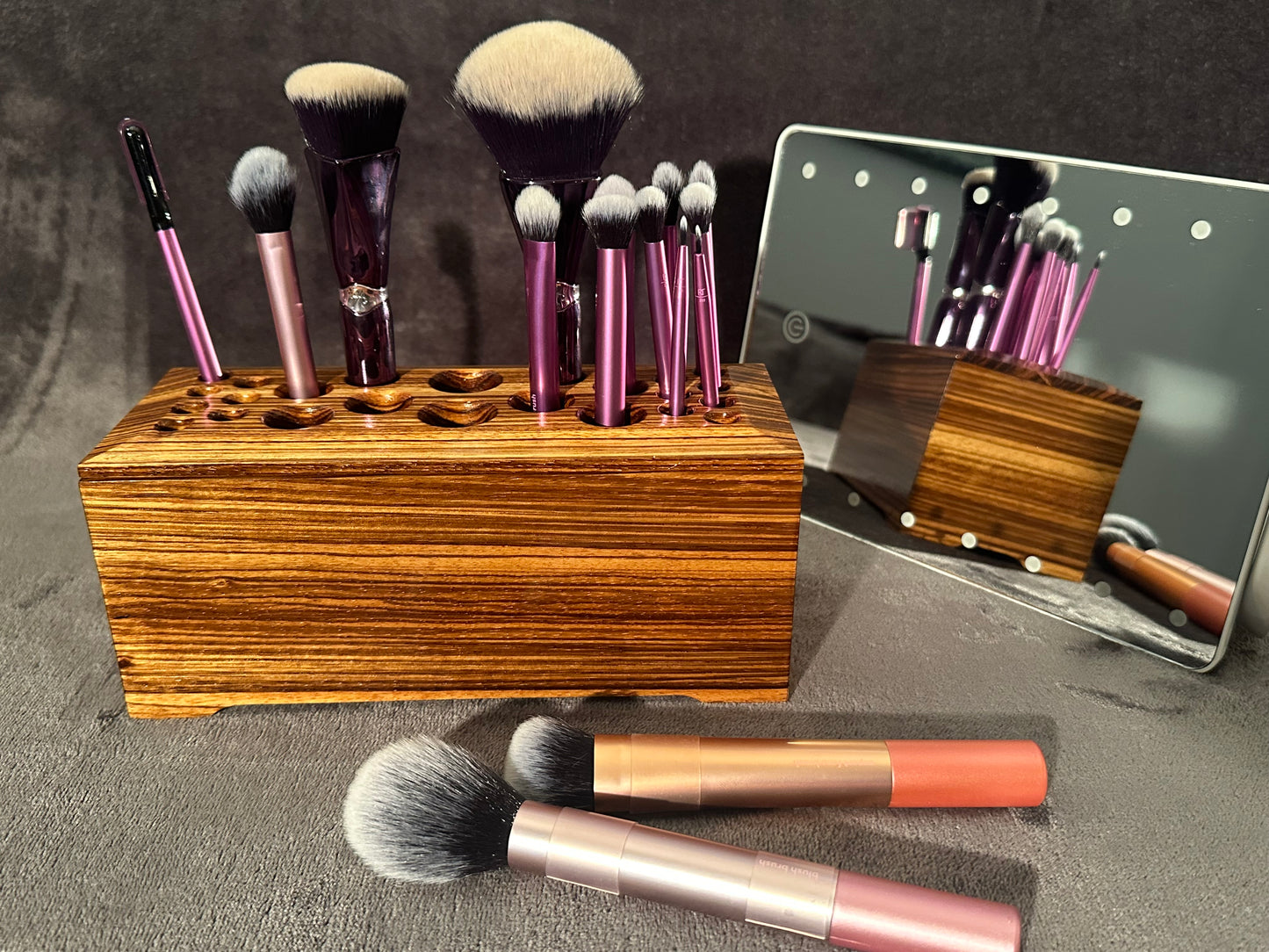 Zebrawood Makeup Brush Holder, Exotic Wooden box with Lid, Makeup Brush Organizer, Makeup Brush Holder for Vanity